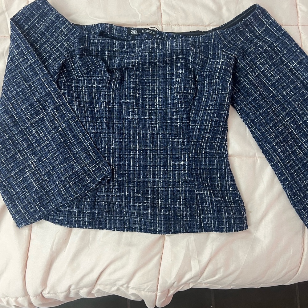 Worn once, blue and white off the shoulder Zara top